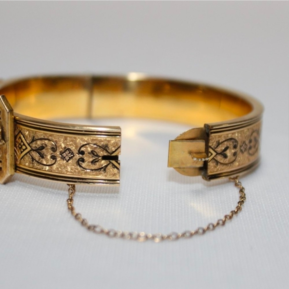 Antique Victorian 10K Gold Filled Enamel Taille D'Epargne Buckle Bangle Bracelet - Picture 5 of 8